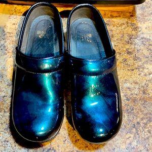Dansko Blue Green Metallic Paintbrush Clogs